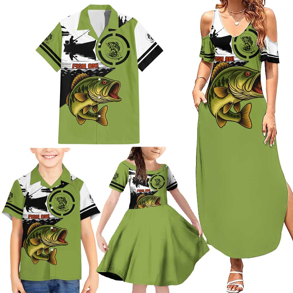 Largemouth Bass Fishing Family Matching Summer Maxi Dress and Hawaiian Shirt Fish On Text and Boat Scene in Green and Black Custom Design - Wonder Print Shop