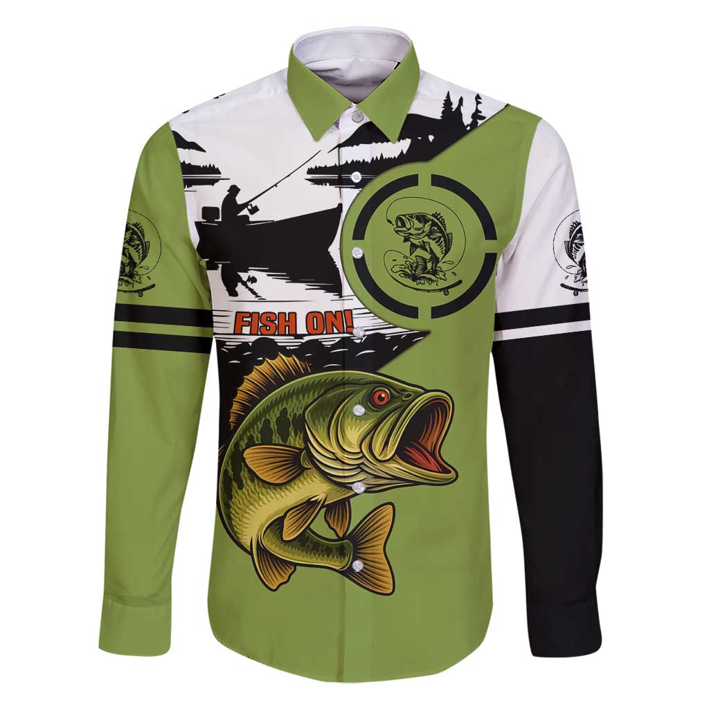 Largemouth Bass Fishing Family Matching Summer Maxi Dress and Hawaiian Shirt Fish On Text and Boat Scene in Green and Black Custom Design - Wonder Print Shop