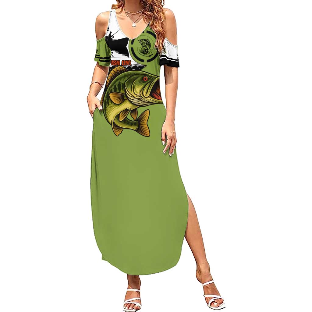 Largemouth Bass Fishing Family Matching Summer Maxi Dress and Hawaiian Shirt Fish On Text and Boat Scene in Green and Black Custom Design - Wonder Print Shop
