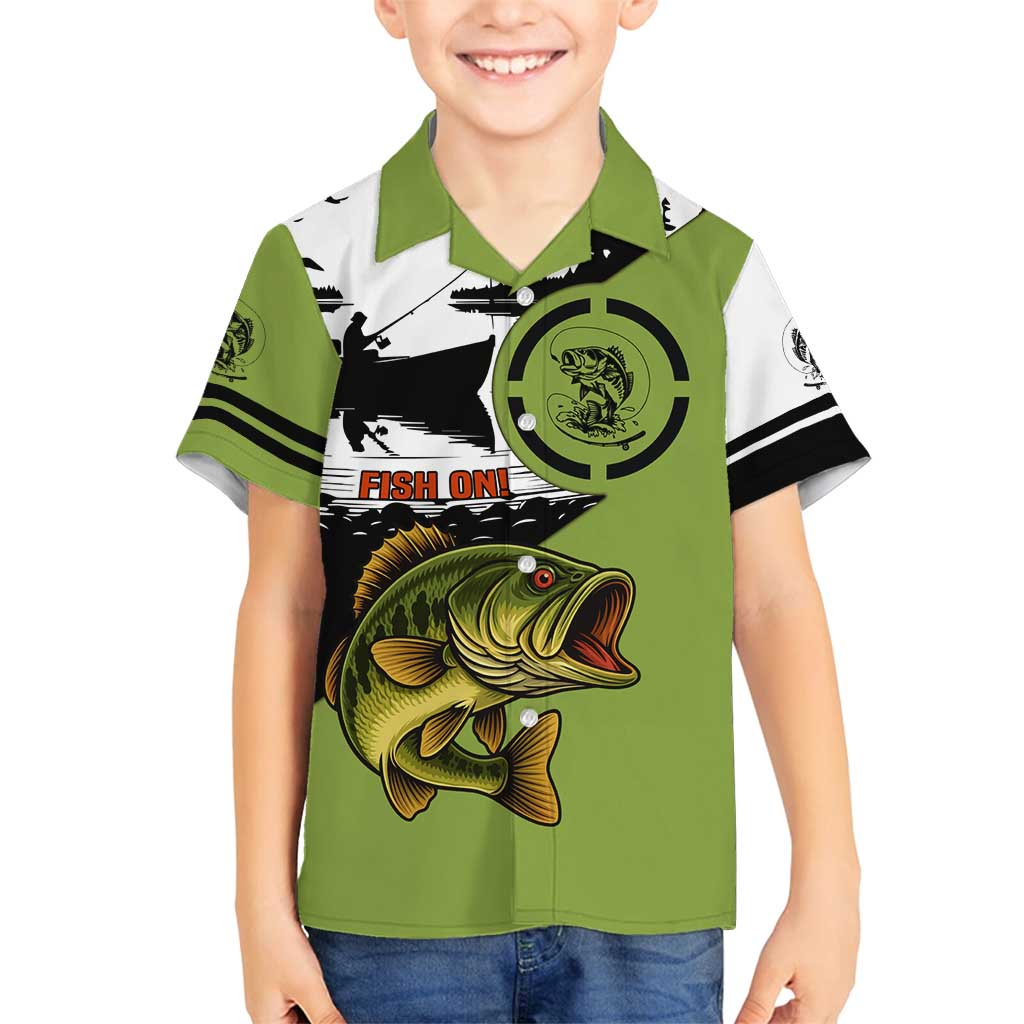 Largemouth Bass Fishing Family Matching Summer Maxi Dress and Hawaiian Shirt Fish On Text and Boat Scene in Green and Black Custom Design - Wonder Print Shop
