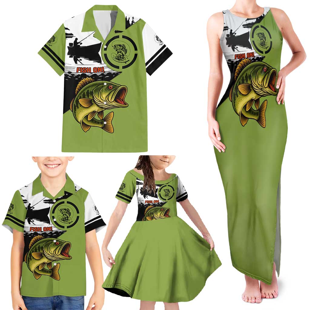 Largemouth Bass Fishing Family Matching Tank Maxi Dress and Hawaiian Shirt Fish On Text and Boat Scene in Green and Black Custom Design - Wonder Print Shop