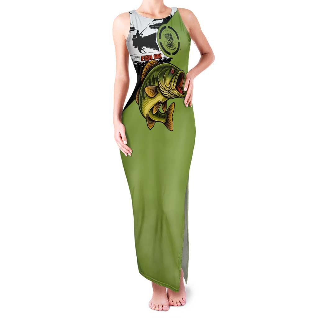 Largemouth Bass Fishing Family Matching Tank Maxi Dress and Hawaiian Shirt Fish On Text and Boat Scene in Green and Black Custom Design - Wonder Print Shop