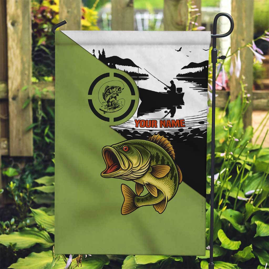 Largemouth Bass Fishing Garden Flag Fish On Text and Boat Scene in Green and Black Custom Design - Wonder Print Shop
