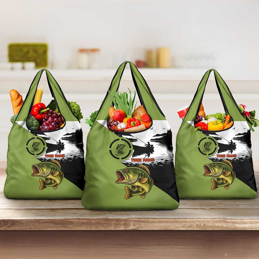 Largemouth Bass Fishing Grocery Bag Fish On Text and Boat Scene in Green and Black Custom Design - Wonder Print Shop