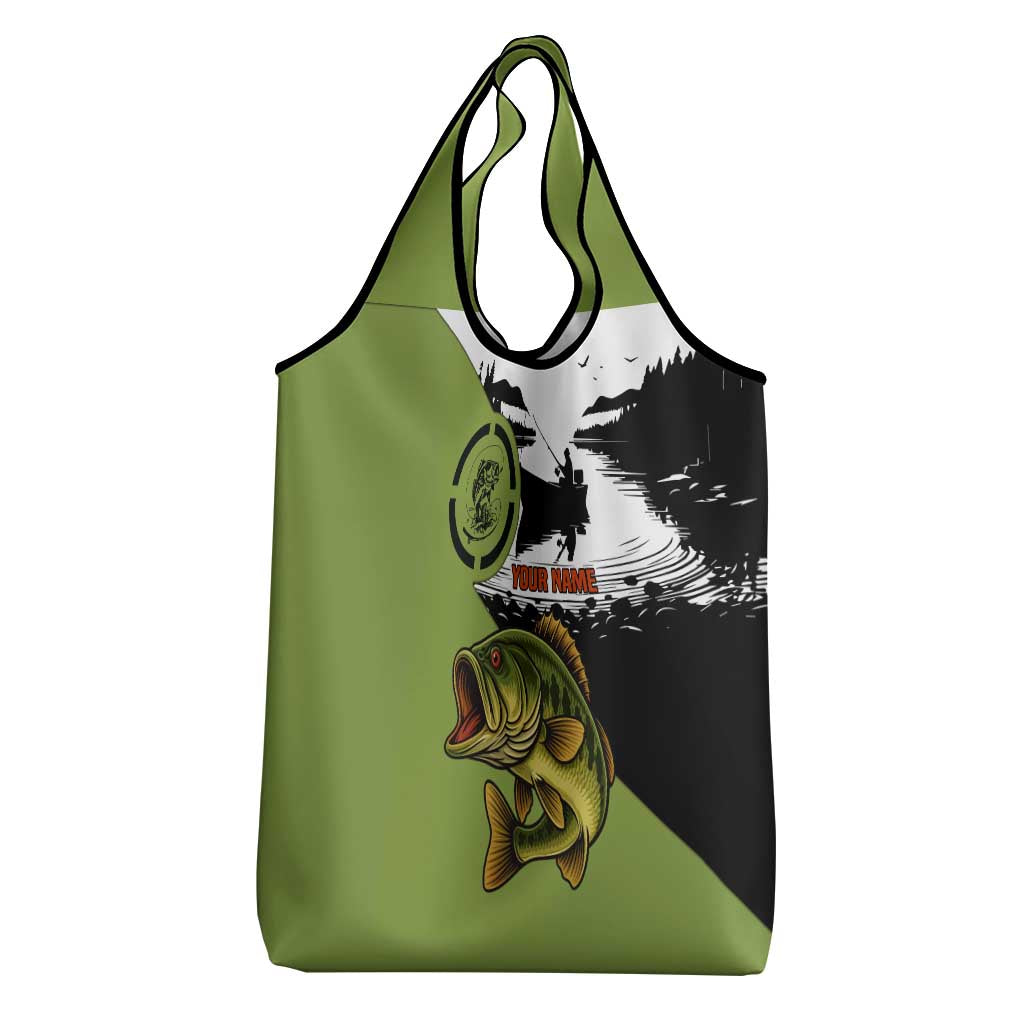 Largemouth Bass Fishing Grocery Bag Fish On Text and Boat Scene in Green and Black Custom Design - Wonder Print Shop