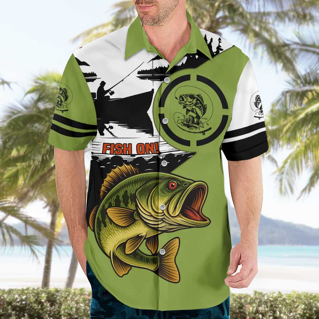 Largemouth Bass Fishing Hawaiian Shirt Fish On Text and Boat Scene in Green and Black Custom Design - Wonder Print Shop