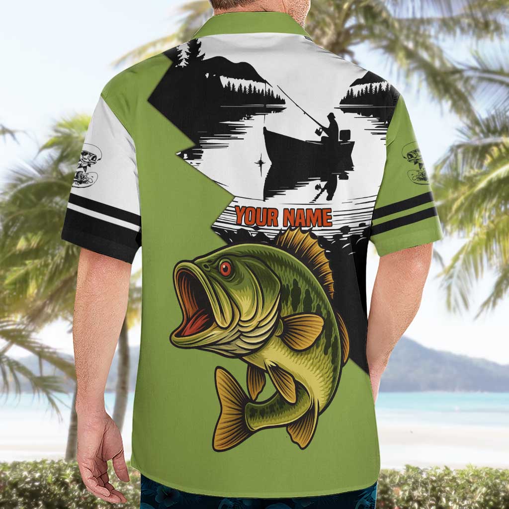 Largemouth Bass Fishing Hawaiian Shirt Fish On Text and Boat Scene in Green and Black Custom Design - Wonder Print Shop