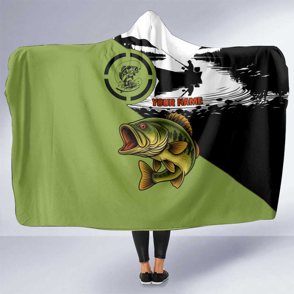 Largemouth Bass Fishing Hooded Blanket Fish On Text and Boat Scene in Green and Black Custom Design - Wonder Print Shop