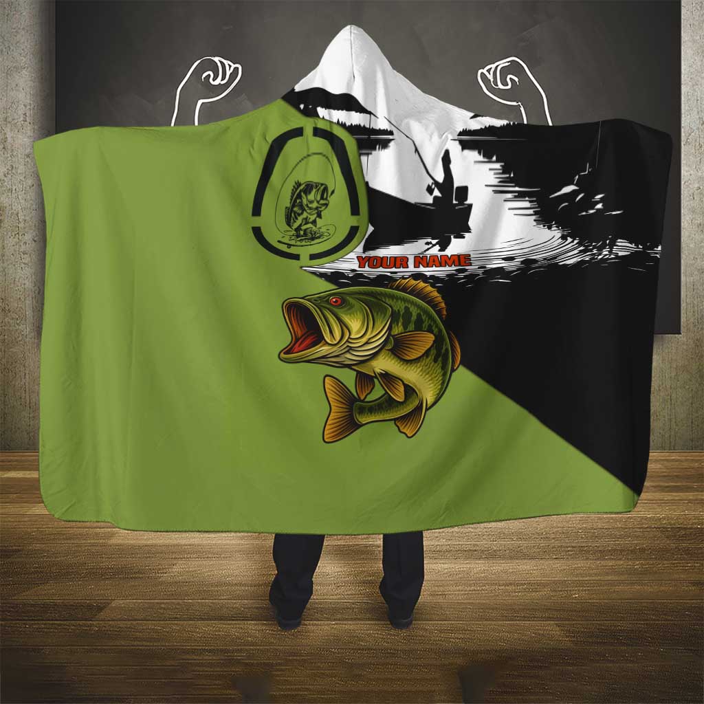 Largemouth Bass Fishing Hooded Blanket Fish On Text and Boat Scene in Green and Black Custom Design - Wonder Print Shop