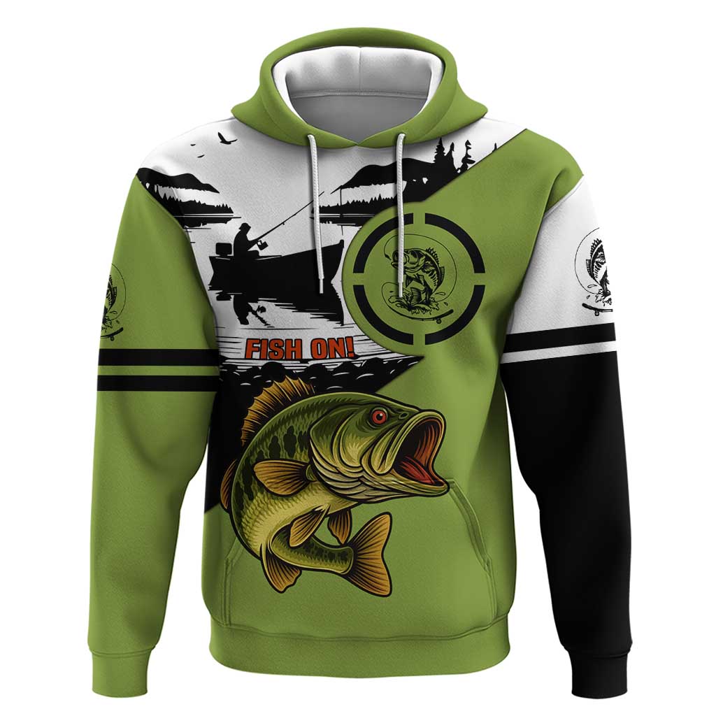 Largemouth Bass Fishing Hoodie Fish On Text and Boat Scene in Green and Black Custom Design - Wonder Print Shop