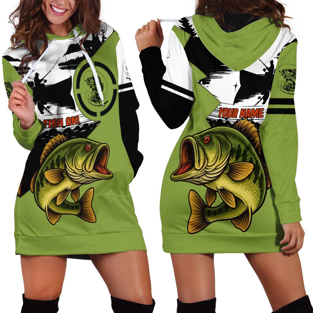 Largemouth Bass Fishing Hoodie Dress Fish On Text and Boat Scene in Green and Black Custom Design - Wonder Print Shop