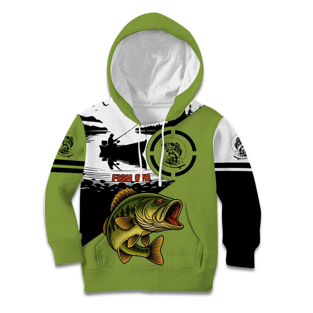 Largemouth Bass Fishing Kid Hoodie Fish On Text and Boat Scene in Green and Black Custom Design - Wonder Print Shop