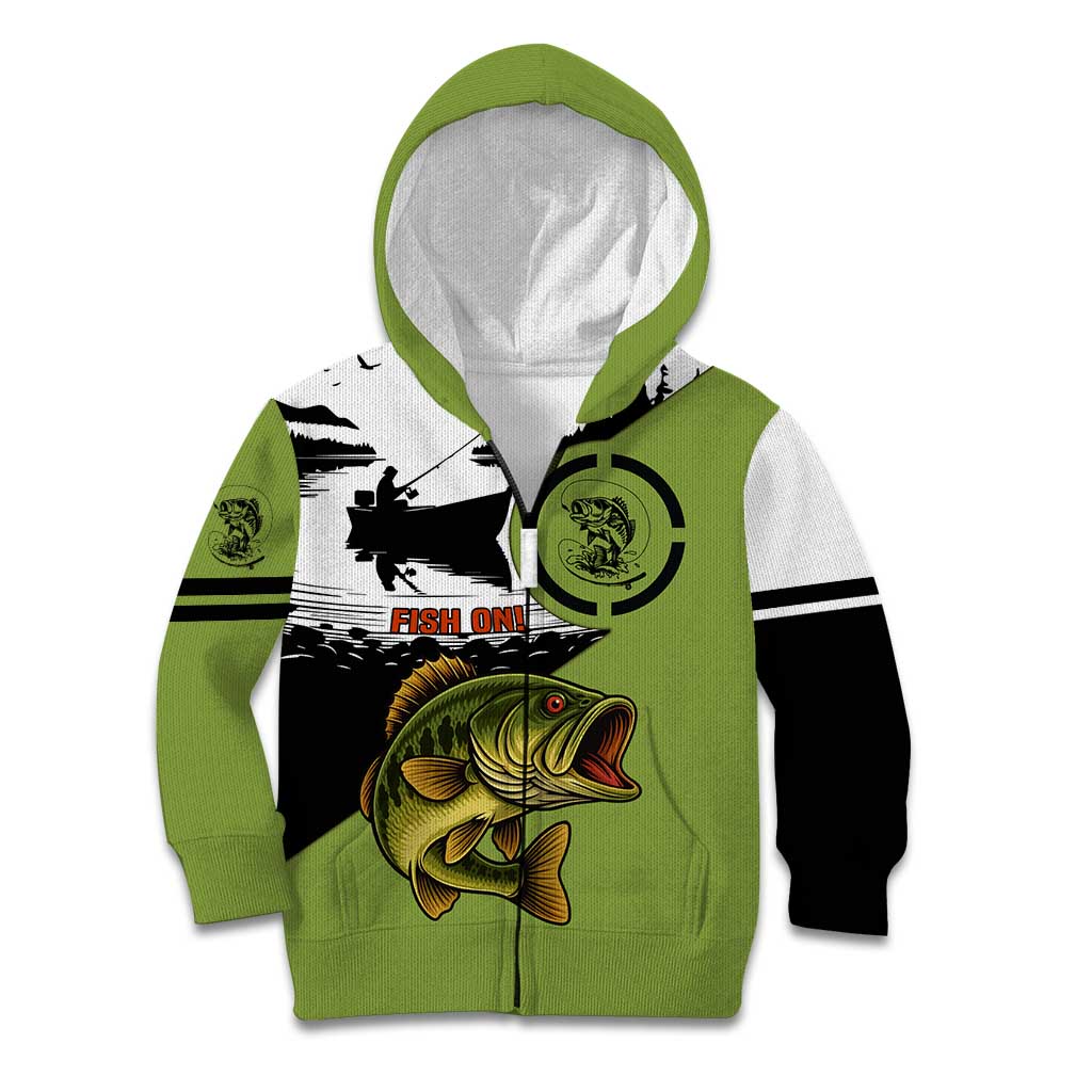 Largemouth Bass Fishing Kid Hoodie Fish On Text and Boat Scene in Green and Black Custom Design - Wonder Print Shop