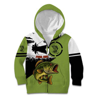 Largemouth Bass Fishing Kid Hoodie Fish On Text and Boat Scene in Green and Black Custom Design - Wonder Print Shop