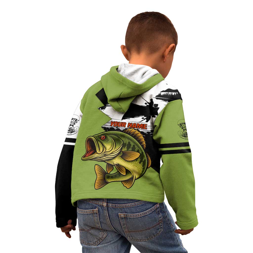 Largemouth Bass Fishing Kid Hoodie Fish On Text and Boat Scene in Green and Black Custom Design - Wonder Print Shop