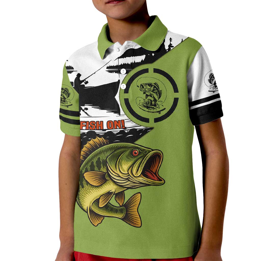 Largemouth Bass Fishing Kid Polo Shirt Fish On Text and Boat Scene in Green and Black Custom Design - Wonder Print Shop