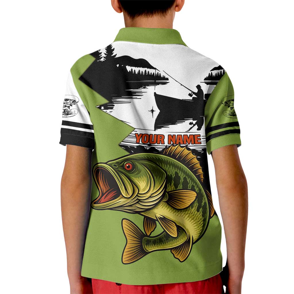 Largemouth Bass Fishing Kid Polo Shirt Fish On Text and Boat Scene in Green and Black Custom Design - Wonder Print Shop