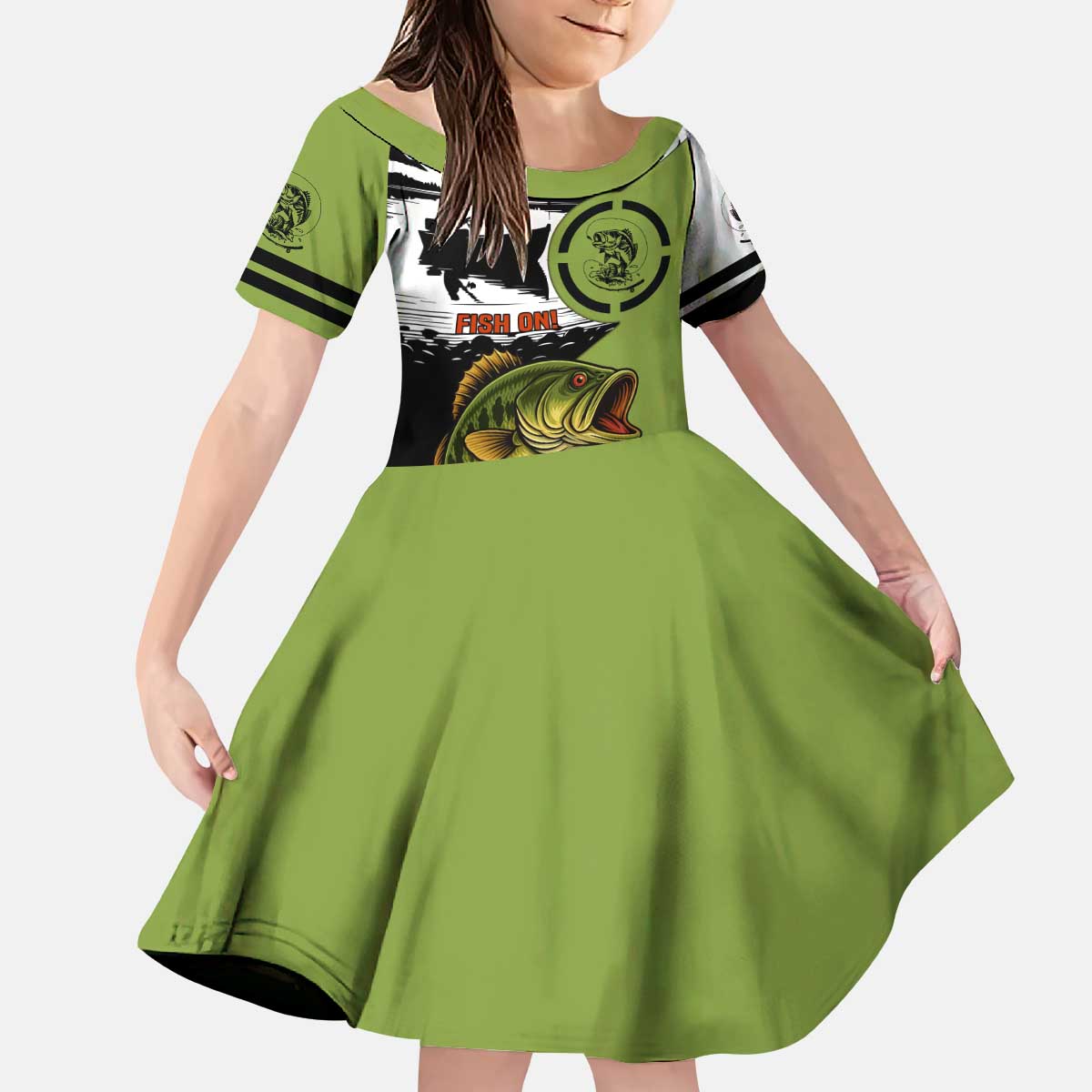 Largemouth Bass Fishing Kid Short Sleeve Dress Fish On Text and Boat Scene in Green and Black Custom Design - Wonder Print Shop