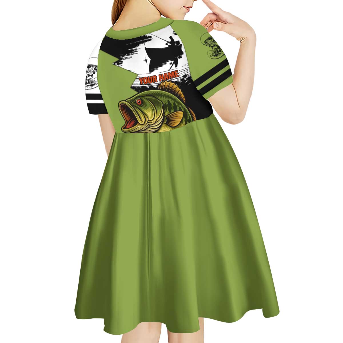 Largemouth Bass Fishing Kid Short Sleeve Dress Fish On Text and Boat Scene in Green and Black Custom Design - Wonder Print Shop