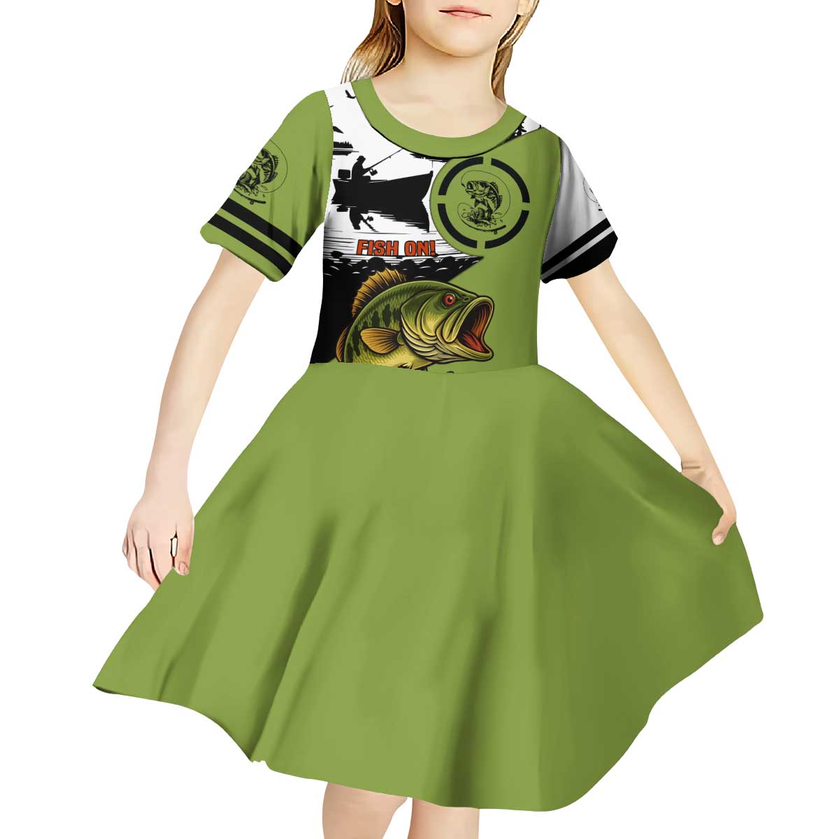 Largemouth Bass Fishing Kid Short Sleeve Dress Fish On Text and Boat Scene in Green and Black Custom Design - Wonder Print Shop