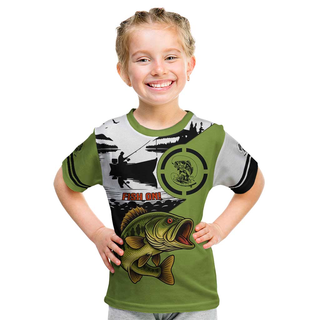 Largemouth Bass Fishing Kid T Shirt Fish On Text and Boat Scene in Green and Black Custom Design - Wonder Print Shop