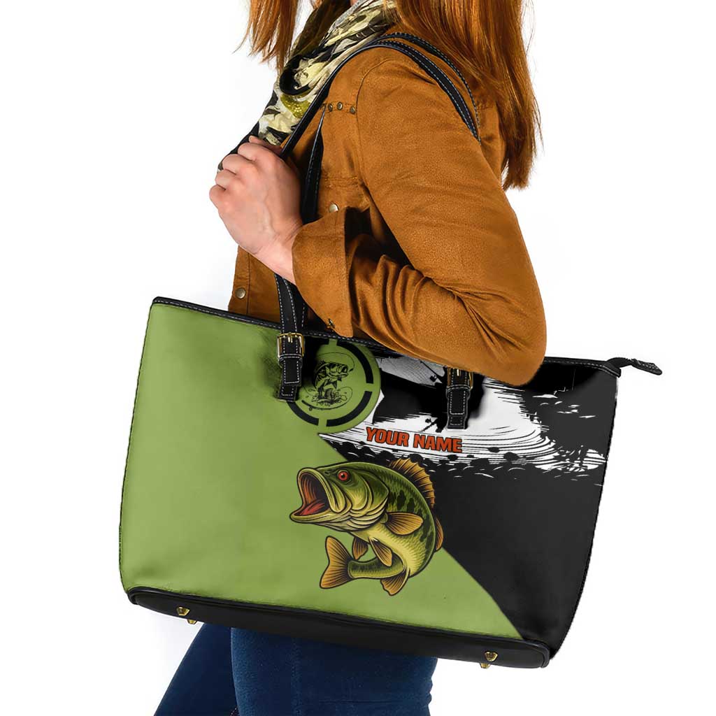 Largemouth Bass Fishing Leather Tote Bag Fish On Text and Boat Scene in Green and Black Custom Design - Wonder Print Shop
