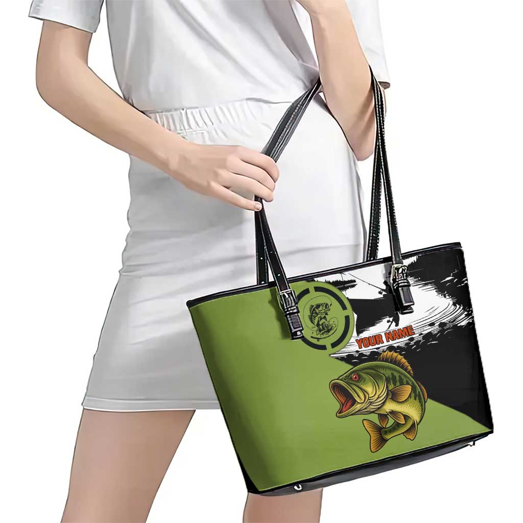 Largemouth Bass Fishing Leather Tote Bag Fish On Text and Boat Scene in Green and Black Custom Design - Wonder Print Shop