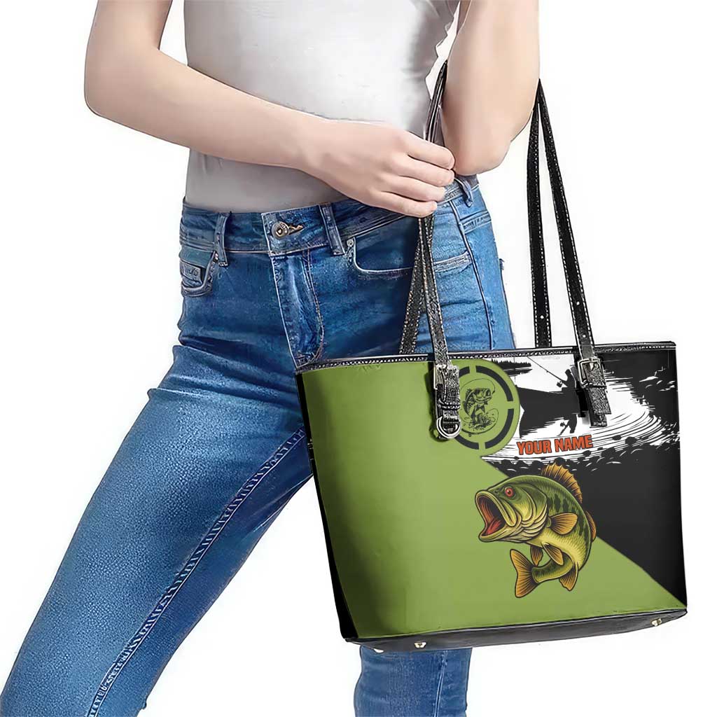 Largemouth Bass Fishing Leather Tote Bag Fish On Text and Boat Scene in Green and Black Custom Design - Wonder Print Shop