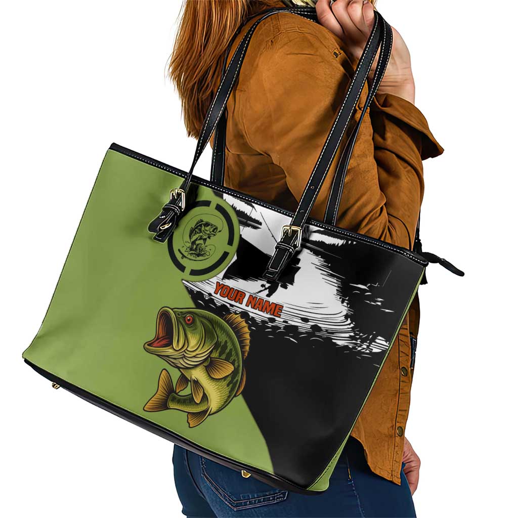 Largemouth Bass Fishing Leather Tote Bag Fish On Text and Boat Scene in Green and Black Custom Design - Wonder Print Shop