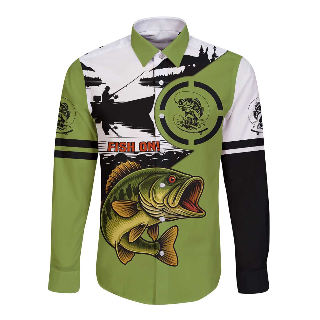 Largemouth Bass Fishing Long Sleeve Button Shirt Fish On Text and Boat Scene in Green and Black Custom Design - Wonder Print Shop