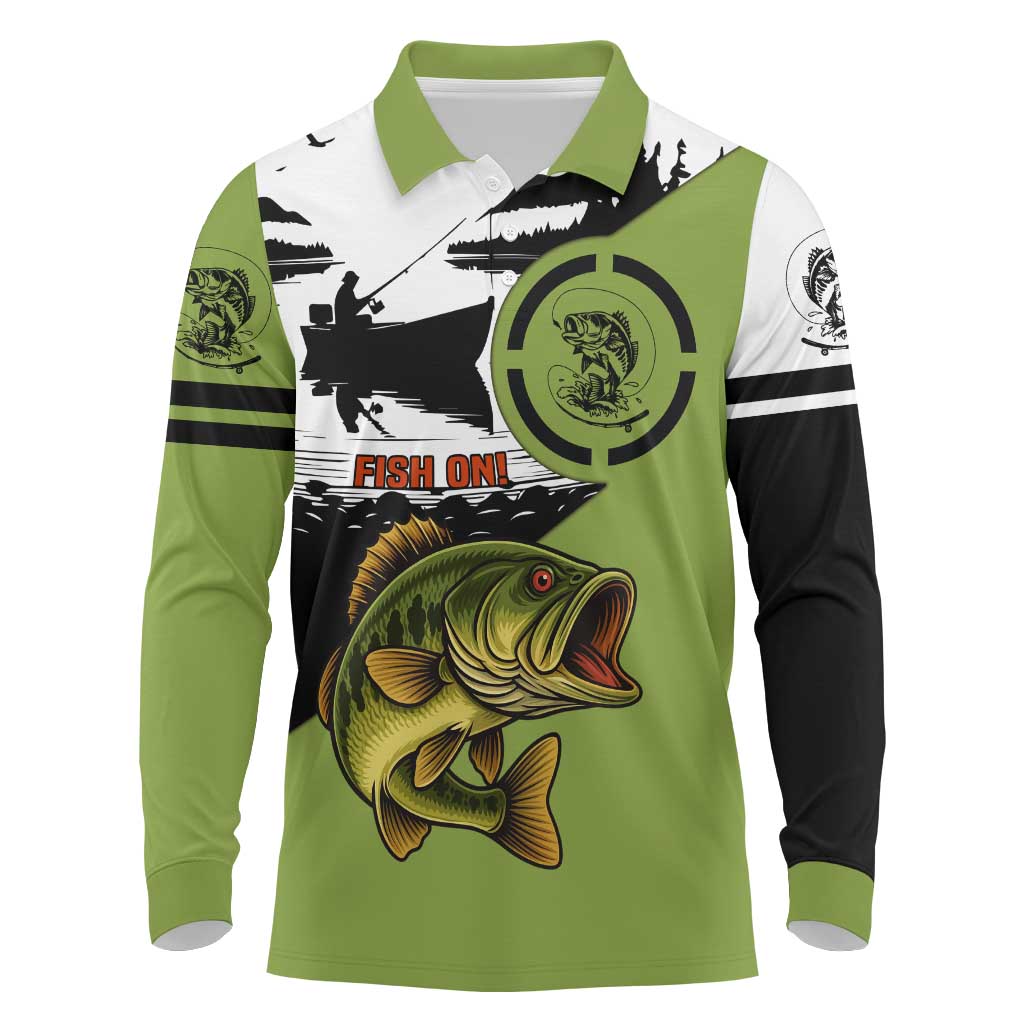 Largemouth Bass Fishing Long Sleeve Polo Shirt Fish On Text and Boat Scene in Green and Black Custom Design - Wonder Print Shop