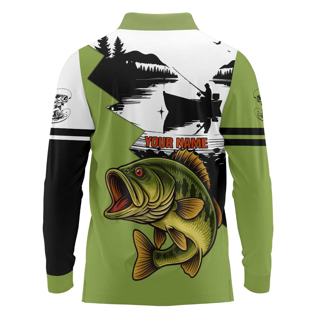 Largemouth Bass Fishing Long Sleeve Polo Shirt Fish On Text and Boat Scene in Green and Black Custom Design - Wonder Print Shop
