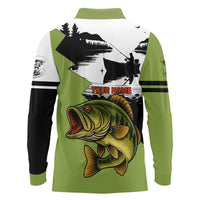 Largemouth Bass Fishing Long Sleeve Polo Shirt Fish On Text and Boat Scene in Green and Black Custom Design - Wonder Print Shop