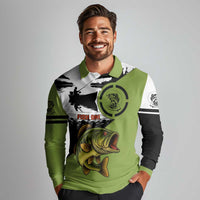 Largemouth Bass Fishing Long Sleeve Polo Shirt Fish On Text and Boat Scene in Green and Black Custom Design - Wonder Print Shop