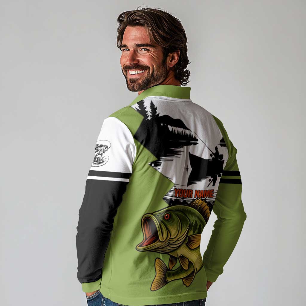 Largemouth Bass Fishing Long Sleeve Polo Shirt Fish On Text and Boat Scene in Green and Black Custom Design - Wonder Print Shop
