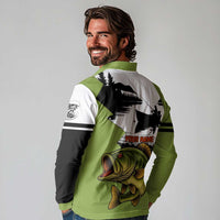 Largemouth Bass Fishing Long Sleeve Polo Shirt Fish On Text and Boat Scene in Green and Black Custom Design - Wonder Print Shop