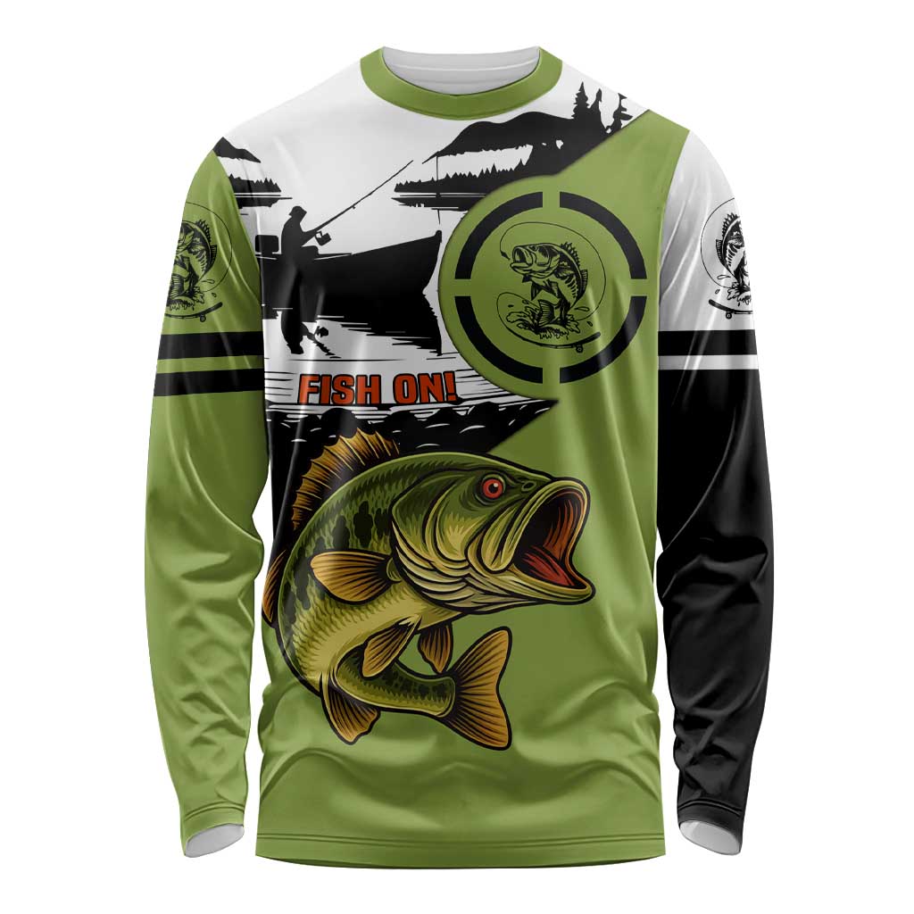 Largemouth Bass Fishing Long Sleeve Shirt Fish On Text and Boat Scene in Green and Black Custom Design - Wonder Print Shop