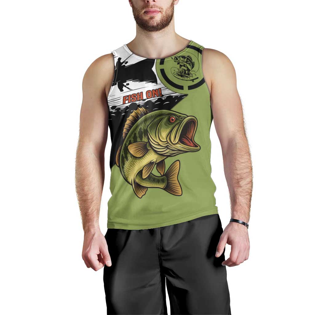 Largemouth Bass Fishing Men Tank Top Fish On Text and Boat Scene in Green and Black Custom Design - Wonder Print Shop