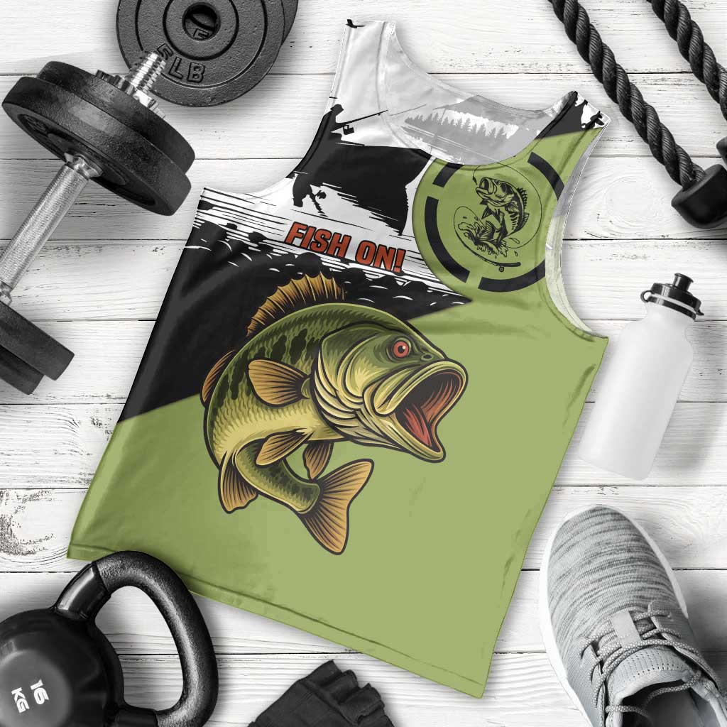 Largemouth Bass Fishing Men Tank Top Fish On Text and Boat Scene in Green and Black Custom Design - Wonder Print Shop