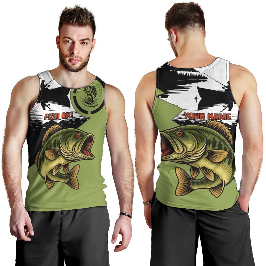 Largemouth Bass Fishing Men Tank Top Fish On Text and Boat Scene in Green and Black Custom Design - Wonder Print Shop
