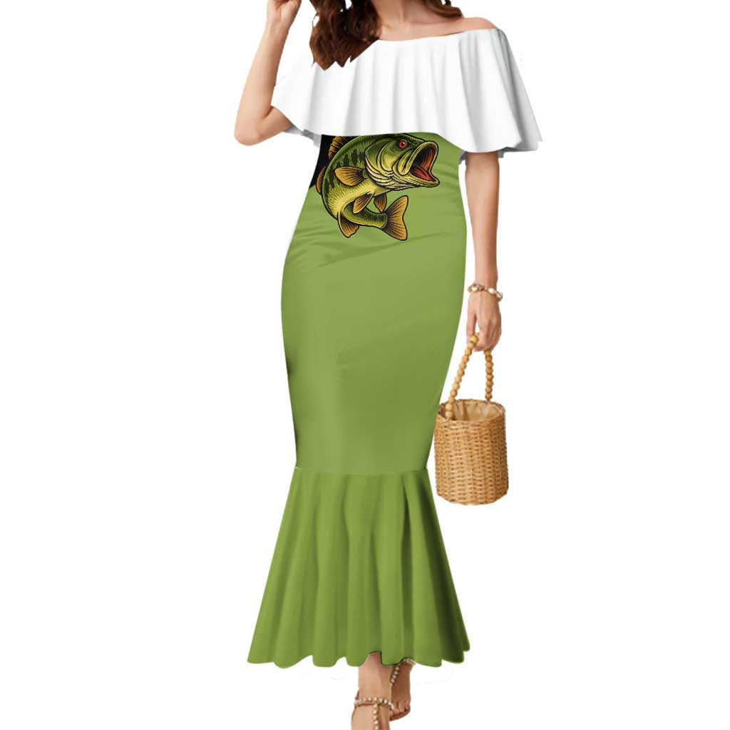 Largemouth Bass Fishing Mermaid Dress Fish On Text and Boat Scene in Green and Black Custom Design - Wonder Print Shop