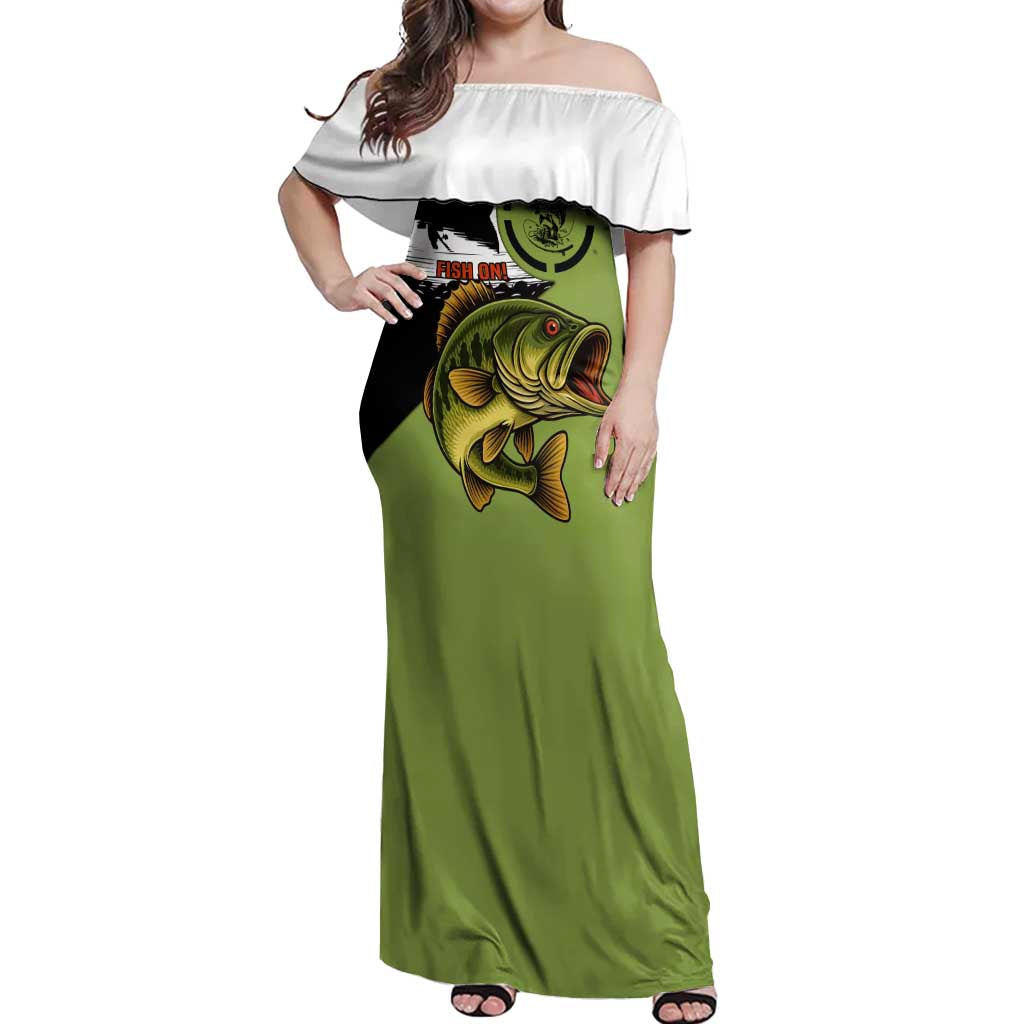 Largemouth Bass Fishing Off Shoulder Maxi Dress Fish On Text and Boat Scene in Green and Black Custom Design - Wonder Print Shop