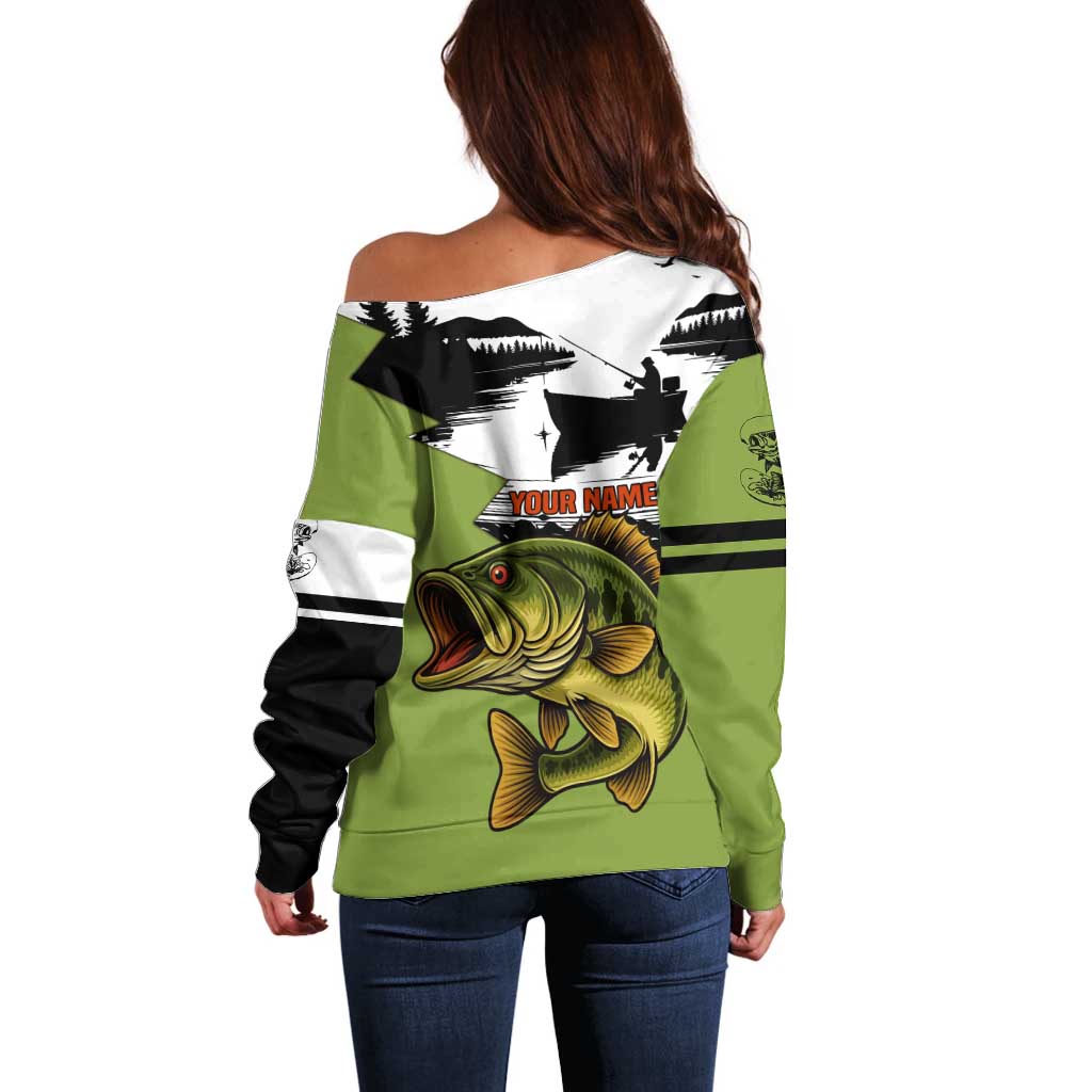 Largemouth Bass Fishing Off Shoulder Sweater Fish On Text and Boat Scene in Green and Black Custom Design - Wonder Print Shop