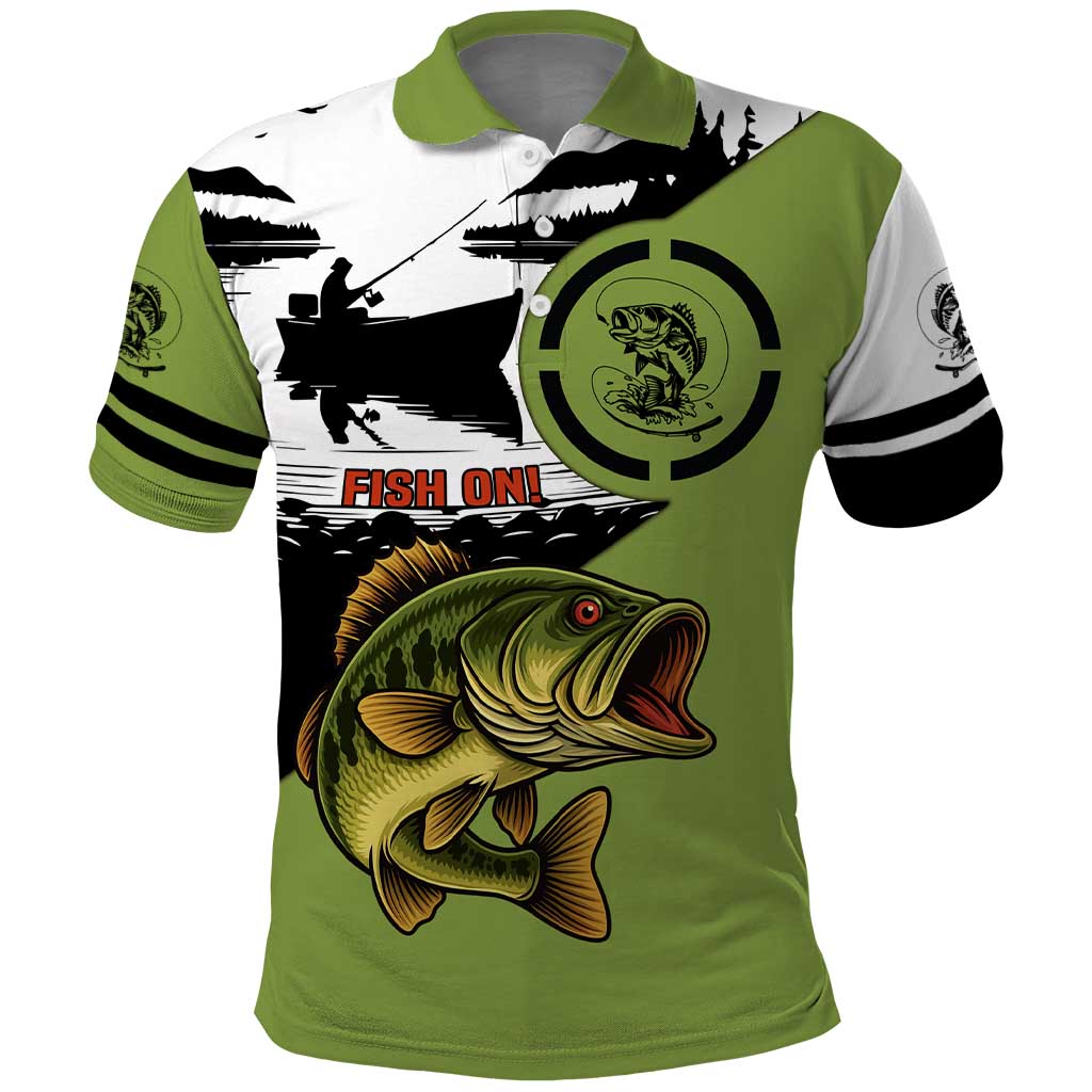 Largemouth Bass Fishing Polo Shirt Fish On Text and Boat Scene in Green and Black Custom Design - Wonder Print Shop