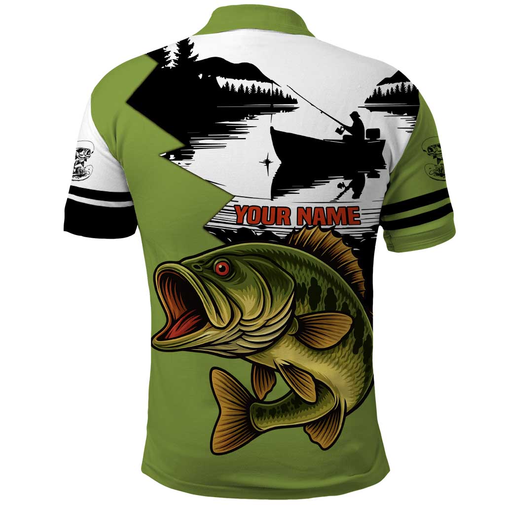 Largemouth Bass Fishing Polo Shirt Fish On Text and Boat Scene in Green and Black Custom Design - Wonder Print Shop