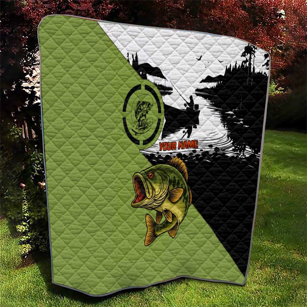 Largemouth Bass Fishing Quilt Fish On Text and Boat Scene in Green and Black Custom Design - Wonder Print Shop