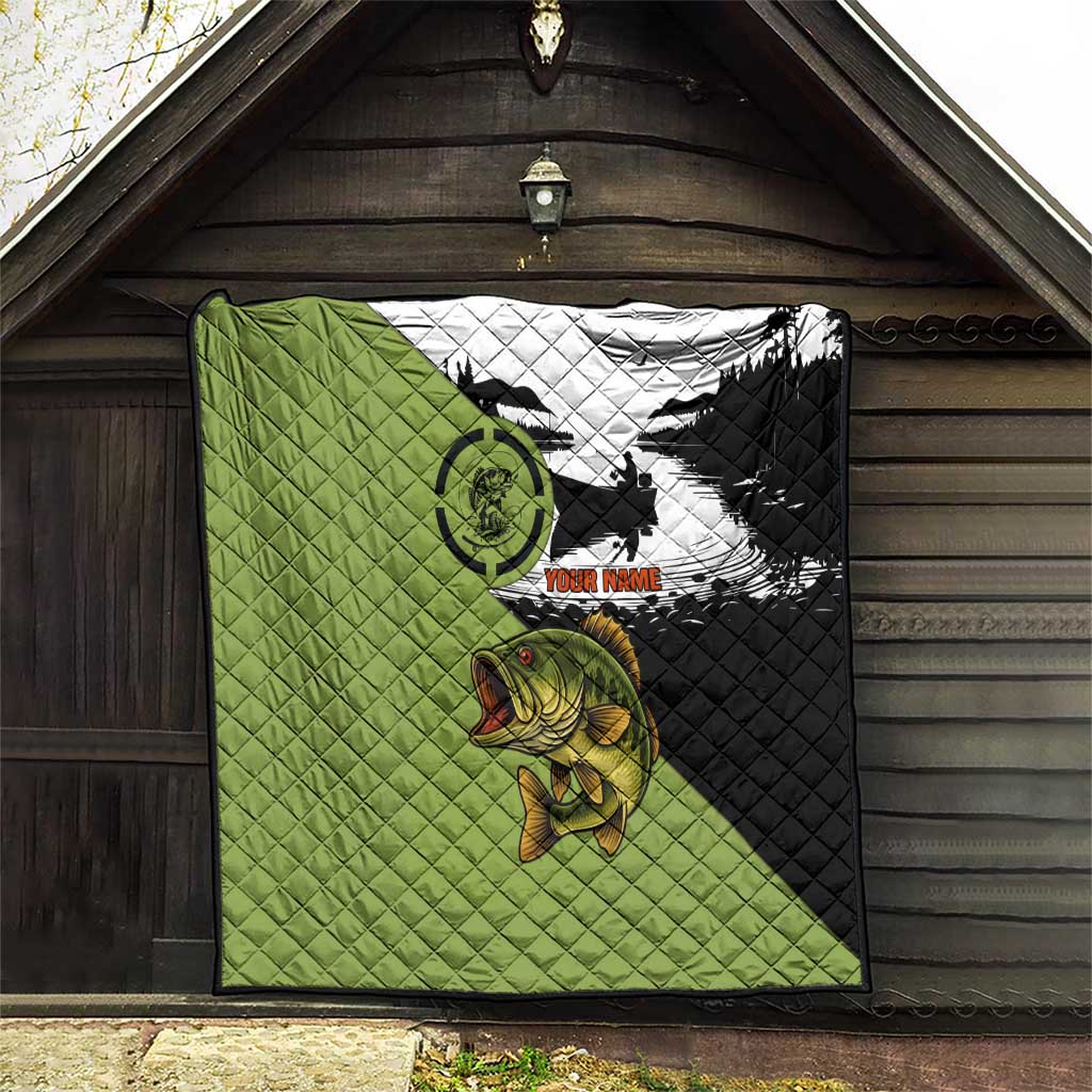 Largemouth Bass Fishing Quilt Fish On Text and Boat Scene in Green and Black Custom Design - Wonder Print Shop