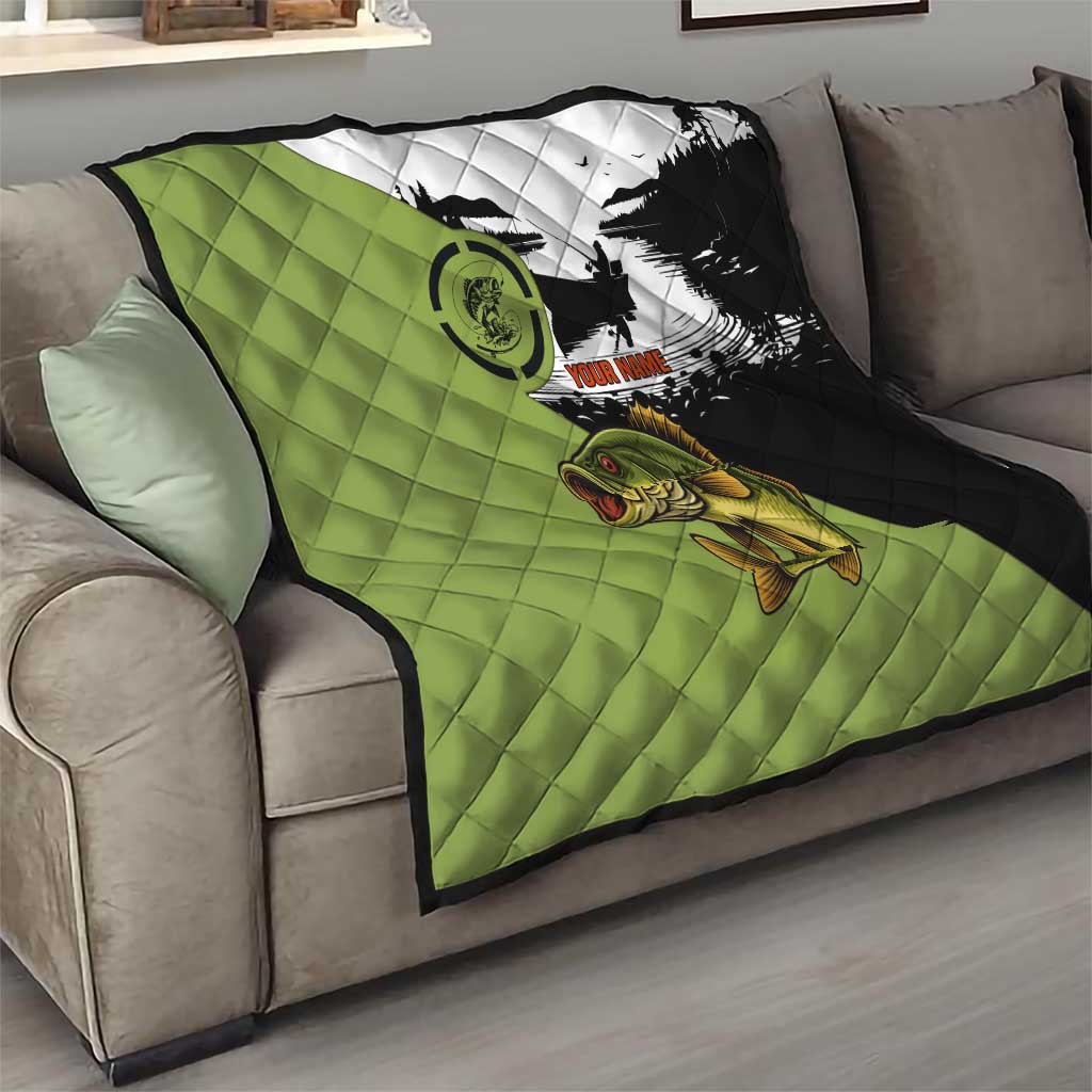 Largemouth Bass Fishing Quilt Fish On Text and Boat Scene in Green and Black Custom Design - Wonder Print Shop