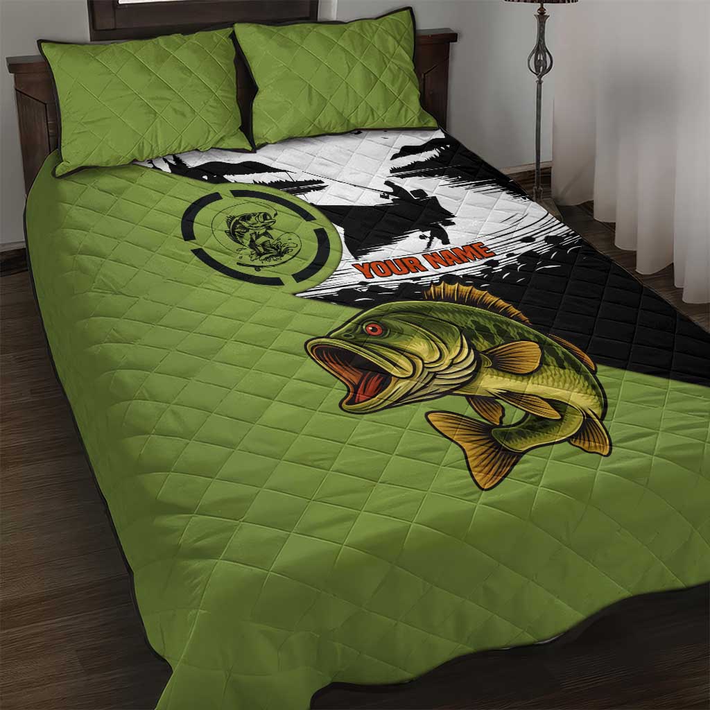 Largemouth Bass Fishing Quilt Bed Set Fish On Text and Boat Scene in Green and Black Custom Design - Wonder Print Shop
