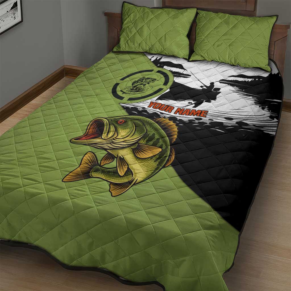 Largemouth Bass Fishing Quilt Bed Set Fish On Text and Boat Scene in Green and Black Custom Design - Wonder Print Shop